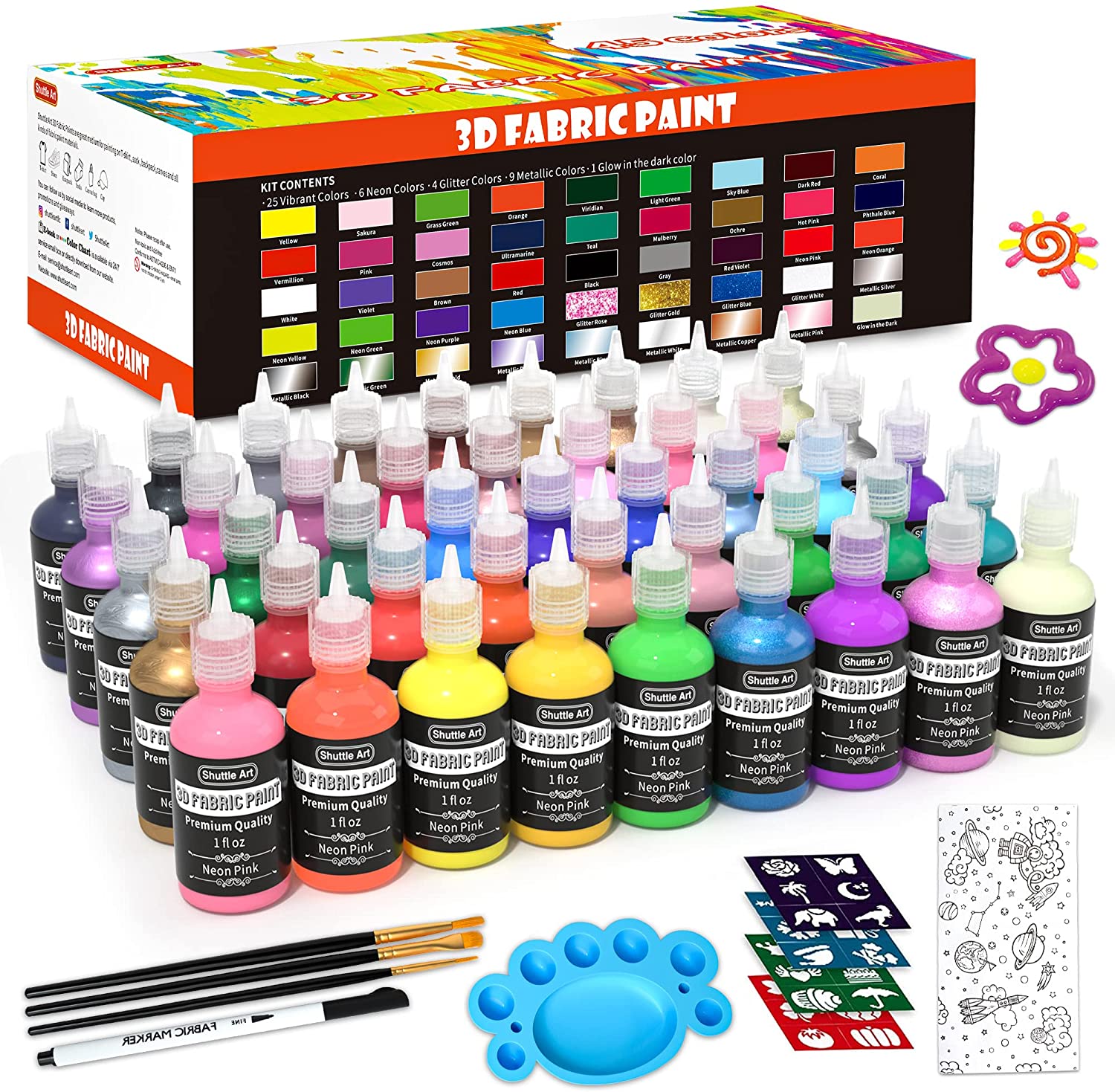 Shuttle Art Fabric Paint Set 45 Colors 3D Permanent Paint with Brushes Palette Fabric Pen Fabric Sheet Stencils Glow in The Dark Glitter Metallic